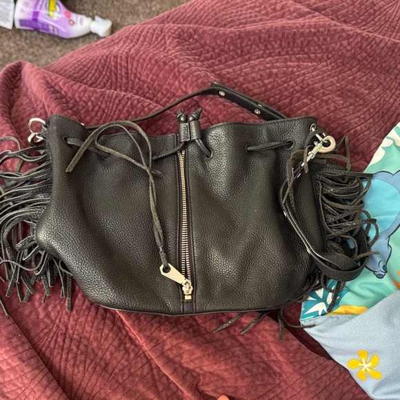 Fringed Black Leather Shoulder Bag - Picture 1 of 8
